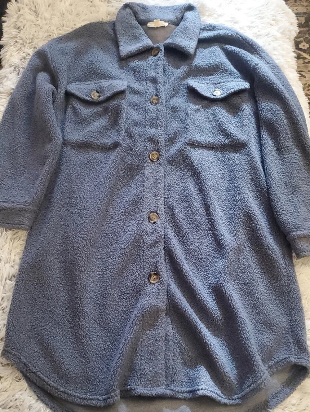Vanilla Bay Blue Sherpa Long Shacket Jacket Size M – Button Front